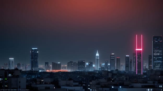 The urban skyline showcases a mix of modern architecture and glowing lights. Tall buildings shine against the dark sky, creating a captivating nighttime atmosphere.