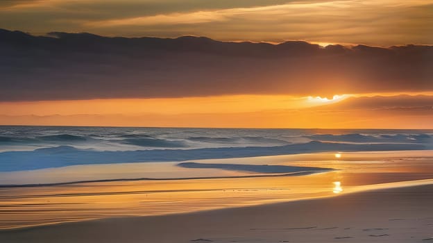 The sun sets on the horizon, casting golden hues across the ocean. Gentle waves lap at the shore while the sky transitions from bright orange to deep blue, creating a peaceful atmosphere.