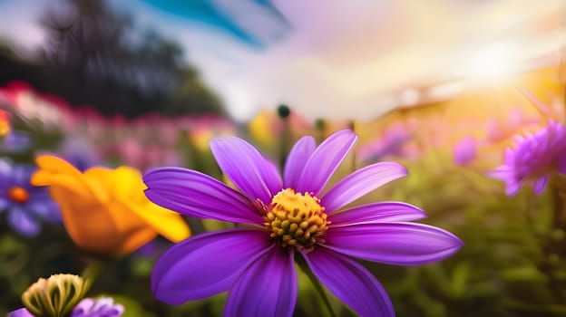 A variety of colorful flowers are blooming in a lush garden as the sun sets, casting a warm glow over the scene. The vivid petals create a stunning display of nature's beauty.