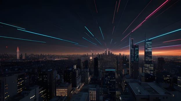The view showcases a vibrant city skyline at dusk, featuring dynamic light trails radiating from the buildings. The backdrop highlights the busy urban landscape and glowing horizon.