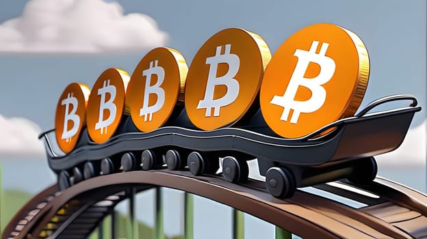 A vibrant illustration depicts golden Bitcoin coins riding on a roller coaster track, representing the volatility of the cryptocurrency market and investor sentiment towards digital currency.