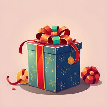 A beautifully wrapped gift box sits prominently with a vibrant design. It features a large bow, festive elements like stars, and nearby decorative items, creating a cheerful holiday atmosphere.
