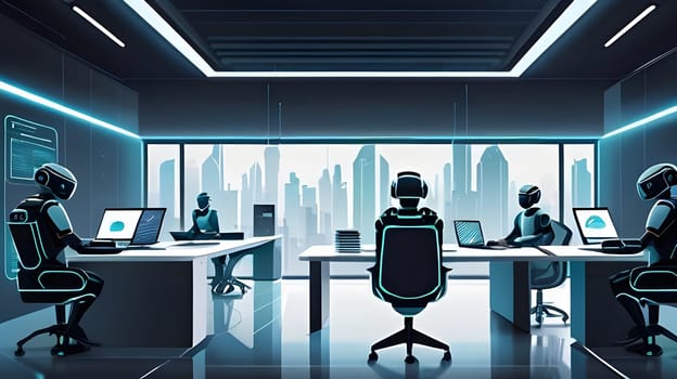 In a sleek, modern office setting, robotic figures engage in various tasks at workstations. The large windows showcase a vibrant city skyline, emphasizing the advanced technology.