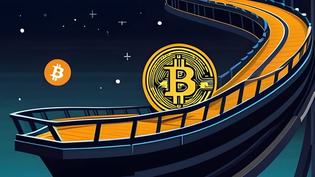 A winding path leads through a digital landscape adorned with Bitcoin symbols, showcasing the evolution and journey of cryptocurrency in a modern context.