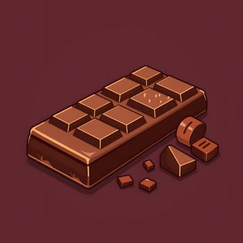 A chocolate bar rests against a deep brown background, with several pieces broken off beside it, showcasing a tempting treat perfect for a snack or dessert.