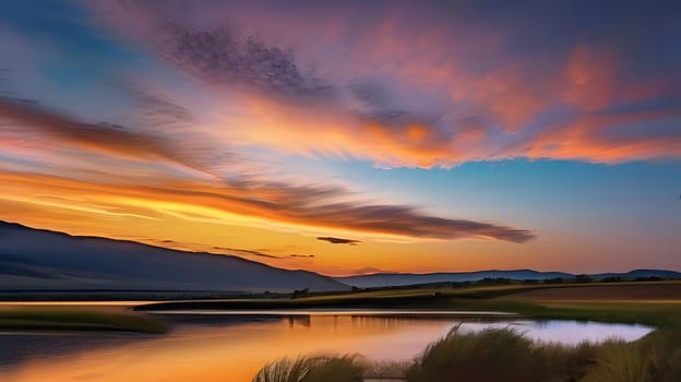 The sky is filled with vibrant shades of orange and purple as the sun sets over a serene lake. The still water reflects the colorful clouds and majestic mountains in the distance.