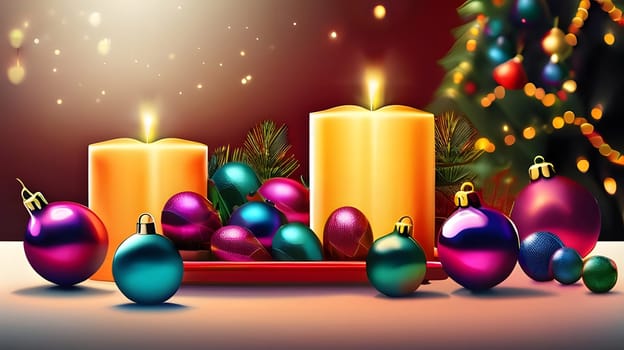Festively decorated table features vibrant Christmas ornaments and glowing candles, creating a warm and inviting atmosphere perfect for holiday celebrations.