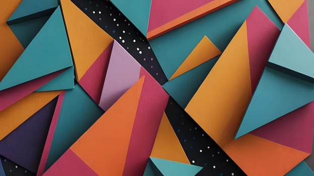 Vibrant paper shapes in various geometric forms create an abstract layout, featuring a mix of colors and patterns against a contrasting black backdrop, offering a dynamic visual experience.