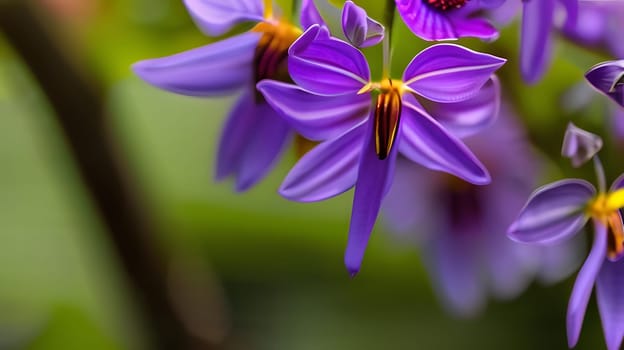 Delicate purple flowers with striking details bloom amidst lush greenery. The scene captures the essence of spring, showcasing nature's vibrant color palette and beauty in full bloom.