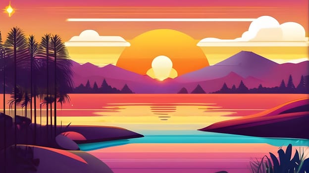 A colorful sunset casts orange and pink hues over a calm lake, bordered by palm trees and silhouetted mountains in the background. The peaceful scene invites reflection and tranquility.