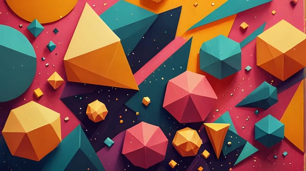 An array of colorful geometric shapes, including triangles and spheres, are artistically arranged against a vibrant backdrop. The design features various sizes and colors, creating visual interest.