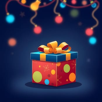 A vibrant gift box adorned with colorful polka dots and a shiny ribbon sits against a dark backdrop, illuminated by bright, hanging festive lights, creating a joyful holiday spirit.