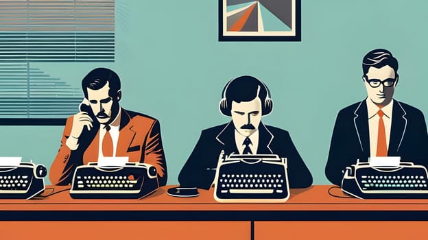 In a vibrant office, three men focus intently on typewriters while engaging in various tasks, including a phone call, creating a dynamic and productive atmosphere.