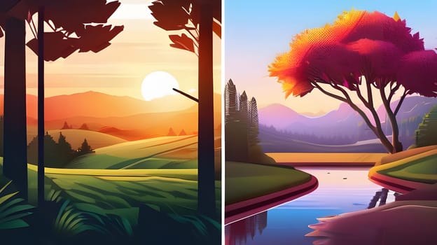 The scene captures a stunning sunset with vibrant colors illuminating rolling hills and silhouettes of trees. A flourishing river reflects the warm hues, adding tranquility to the landscape.