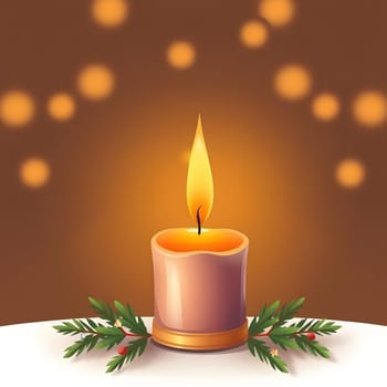 A single candle burns brightly, surrounded by evergreen branches. Soft lights glow in the background, creating a warm and inviting atmosphere for a winter gathering.