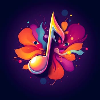 A vibrant music note takes center stage, surrounded by colorful swirls and abstract flower-like shapes, creating a lively and dynamic atmosphere full of energy and creativity.