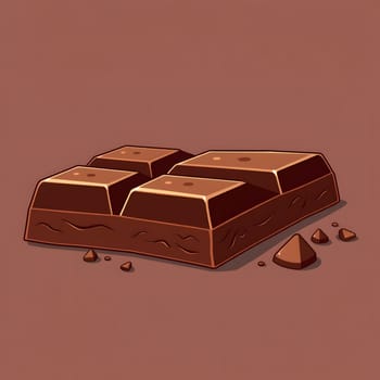 A rich dark chocolate bar sits on a warm brown surface, with a few chocolate crumbs scattered around. The smooth texture and deep color highlight its indulgent nature.