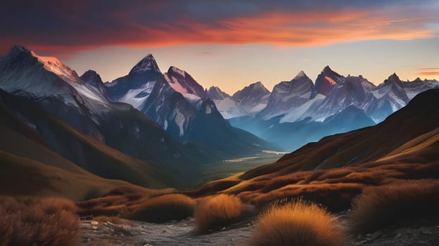 The sun sets behind a stunning mountain range, casting vibrant hues across the sky. The valley below features a mix of rocky terrain and golden grasses, showcasing nature's beauty and tranquility.
