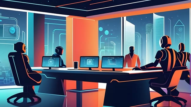 In a sleek, modern meeting room, a human and several robotic figures engage in a discussion about advanced technology. The setting is illuminated by colorful digital displays and city views.