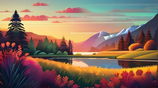 Lush foliage and vibrant autumn colors surround a serene lake reflecting the sunset. Majestic mountains form a backdrop, with trees elegantly framing the peaceful scene.