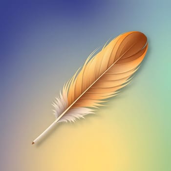 A beautifully designed golden feather rests gracefully on a smooth gradient background that transitions from soft blue to gentle green, enhancing its delicate details and textures.