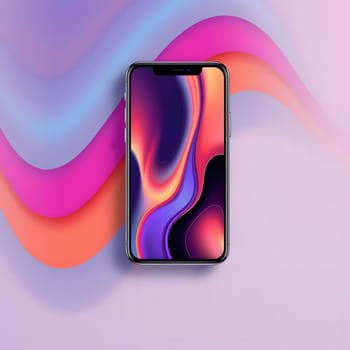 A modern smartphone features a striking abstract wallpaper with vibrant colors of purple, pink, and orange against a soft background, symbolizing technology and creativity.