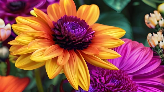 A cluster of colorful daisies showcases stunning orange and purple petals, thriving in a lush garden during the vibrant spring season, radiating beauty and freshness.