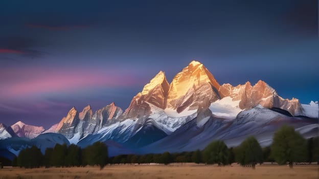 The sun rises over breathtaking mountain peaks, casting a golden glow on the snow-capped summits. A tranquil valley lays in the foreground, creating a stunning natural landscape at dawn.