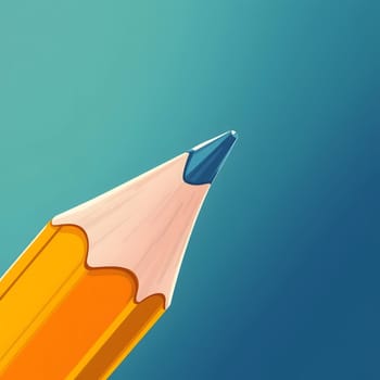 A detailed view of a sharpened yellow pencil, highlighting its wooden texture and blue graphite tip. The background features a smooth blue gradient, emphasizing the pencil's design.