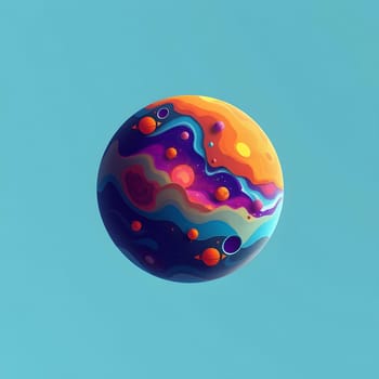 A vibrant, abstract depiction of a planet filled with swirling colors and various shapes, set against a smooth blue background, creating a whimsical cosmic atmosphere.