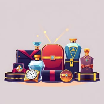 An assortment of luxury accessories, including perfume bottles, a watch, and jewelry, is creatively arranged against a soft, neutral background, showcasing elegance and style.