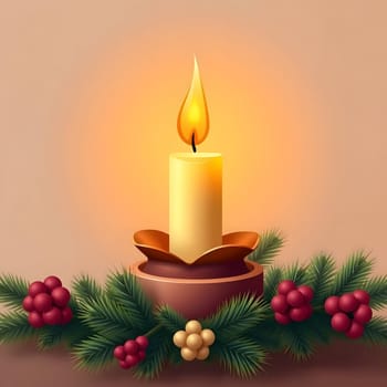 A golden candle radiates warmth, perched on a decorative holder with a soft glow. Lush greenery and vibrant berries add a festive touch, capturing the cozy spirit of winter evenings.