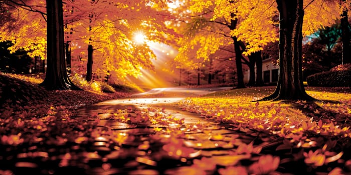 Autumnal radiance sweeps through a peaceful park, with golden leaves blanketing the path and soft sunlight piercing the canopy. Generative AI