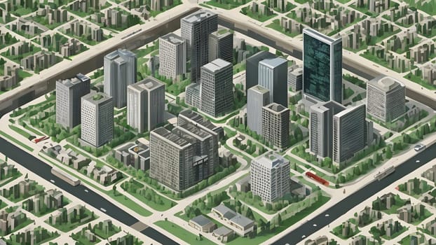This urban landscape features a cluster of modern skyscrapers surrounded by greenery. The layout highlights carefully planned residential and commercial areas. Public transport is visible nearby.
