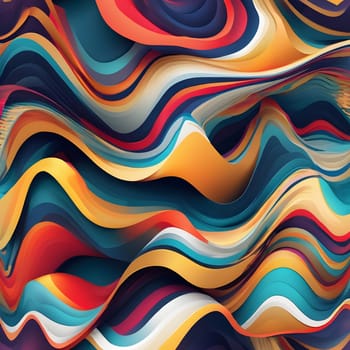 This composition features dynamic, wavy patterns infused with vibrant colors like red, blue, and gold, creating a sense of movement and depth in a contemporary artistic style.