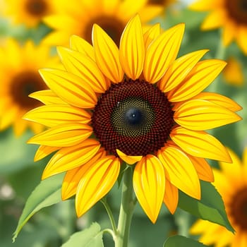 A bright sunflower stands tall with its large yellow petals surrounding a rich brown center. The backdrop features more sunflowers basking in the summer sun, creating a cheerful ambiance.
