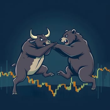 A bull and a bear are depicted grappling in a stylized representation of the financial market, with vibrant candlestick charts in the background highlighting market fluctuations.