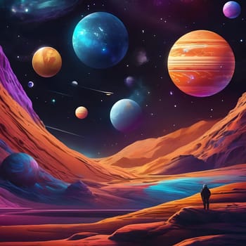 A lone figure stands in a vibrant, surreal landscape, gazing at various celestial bodies and planets floating above a stunning alien terrain under a star-filled sky.