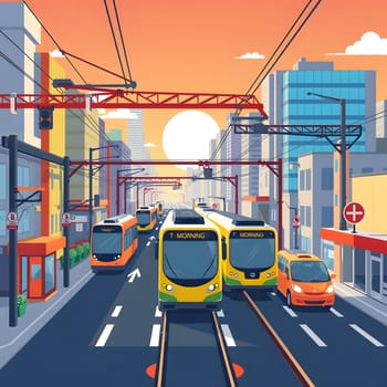A vibrant urban landscape showcases streetcars and cars moving along a bustling city street. The sunset casts a warm glow over the buildings, creating a lively atmosphere.