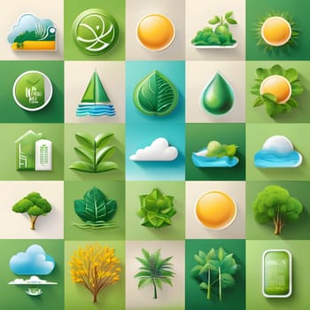 A diverse array of nature-themed icons showcases elements of sustainability, including leaves, sun, water, and trees, highlighting the importance of ecological balance and green living.