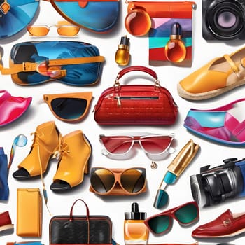 A vibrant array of summer fashion accessories is displayed, featuring sunglasses, bags, shoes, and beauty products, showcasing bold colors and stylish designs perfect for warm weather.
