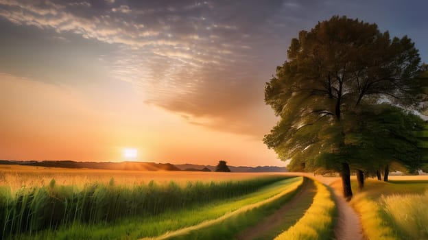 A serene rural landscape shows a golden sunset illuminating a field. A winding path runs through lush greenery, inviting viewers to enjoy the peaceful evening scenery.