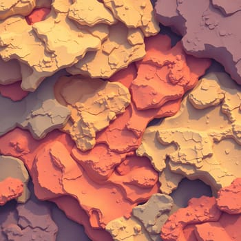 Multicolored rock formations create a striking arrangement of textures and shapes. The orange, purple, and yellow hues blend harmoniously, evoking an abstract terrain.