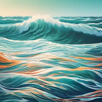 The artwork captures the vibrant hues of ocean waves rolling gently towards the shore at sunrise, reflecting a peaceful morning ambiance. The colors blend seamlessly, evoking serenity.
