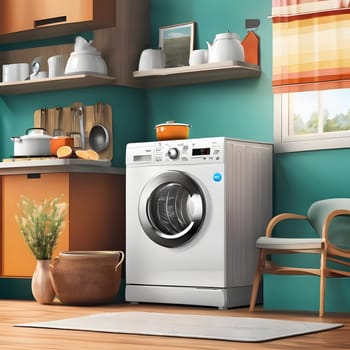 A well-designed laundry space features a sleek washing machine against a teal wall. Natural light illuminates the area, complemented by wooden cabinets and decorative items.