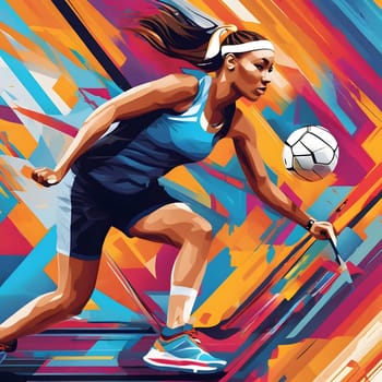A skilled soccer player is dribbling the ball with determination. Her expression is focused, highlighting her athleticism against a colorful, abstract backdrop that enhances the action.