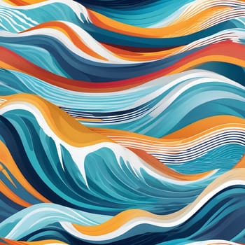 Rolling waves intertwine in a rich tapestry of colors, blending blues, oranges, and whites against a sunset backdrop. This dynamic pattern captures the movement of the sea.
