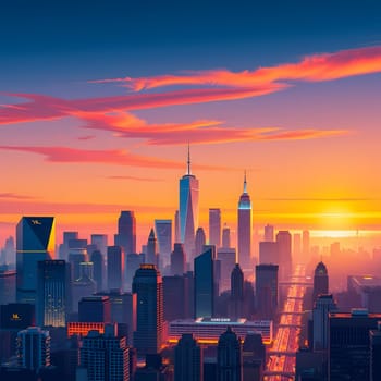 A breathtaking sunset paints the sky above New York City in shades of orange and purple while the skyline showcases iconic skyscrapers. The streets below are illuminated as the day ends.