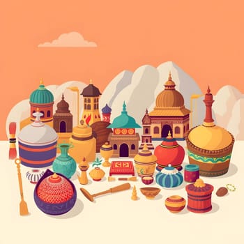 A vibrant array of traditional pottery and ornate structures is displayed with mountainous terrain in the background during a beautiful sunset, highlighting rich cultural heritage and artistry.