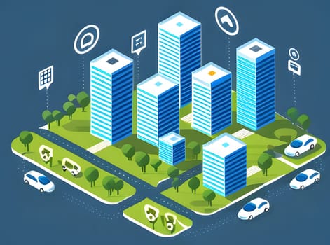 An aerial perspective showcases a contemporary cityscape featuring high-rise buildings, green spaces, and vehicles on the streets. The layout highlights urban planning with modern designs.